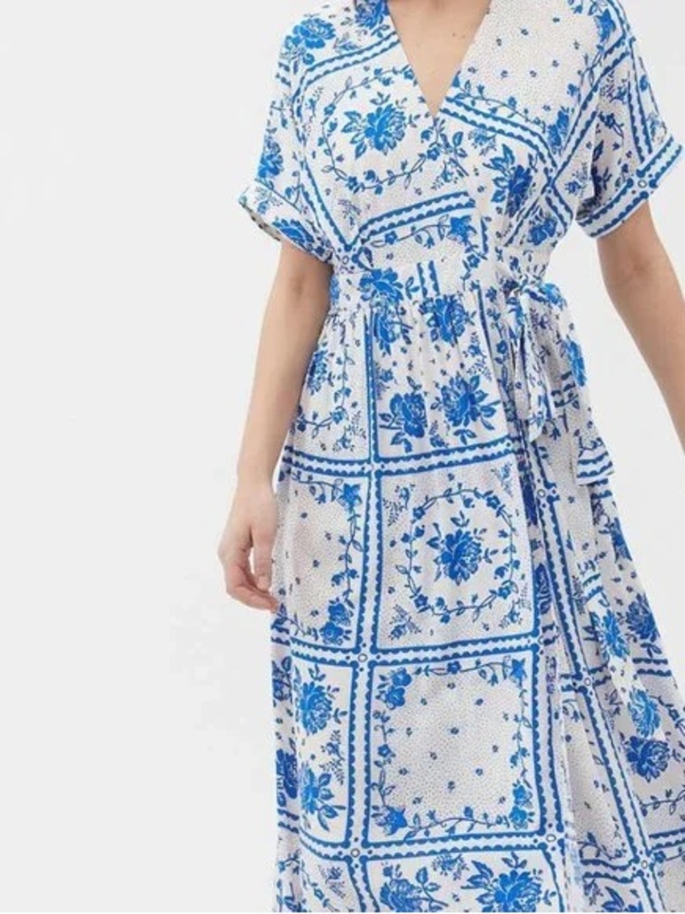 Urban Outfitters White and Blue Floral Wrap Maxi Dress